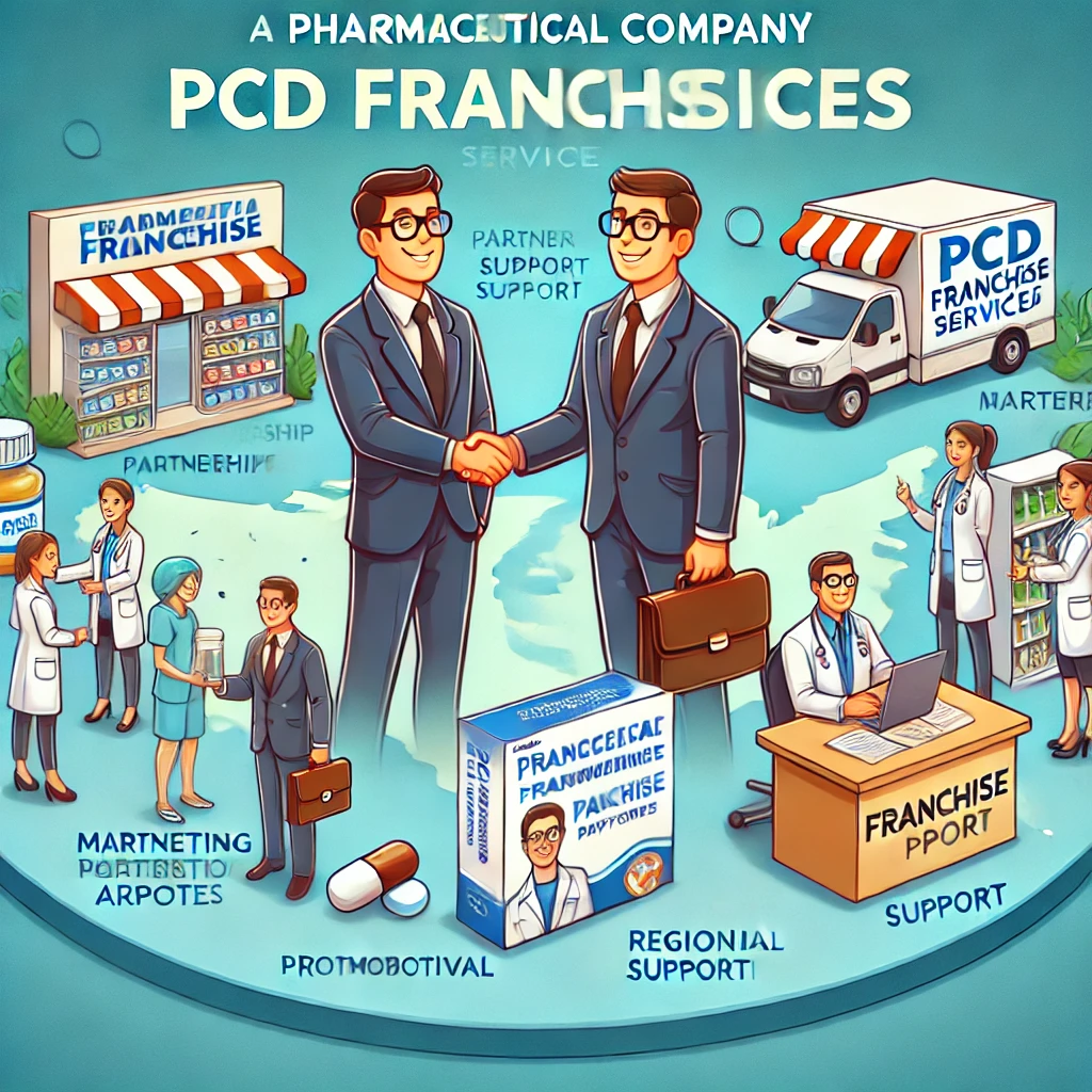 DALL·E 2025-03-18 15.06.20 - A professional yet engaging visual representation of a pharmaceutical company's PCD Franchise Services with cartoon-style elements. The image should f